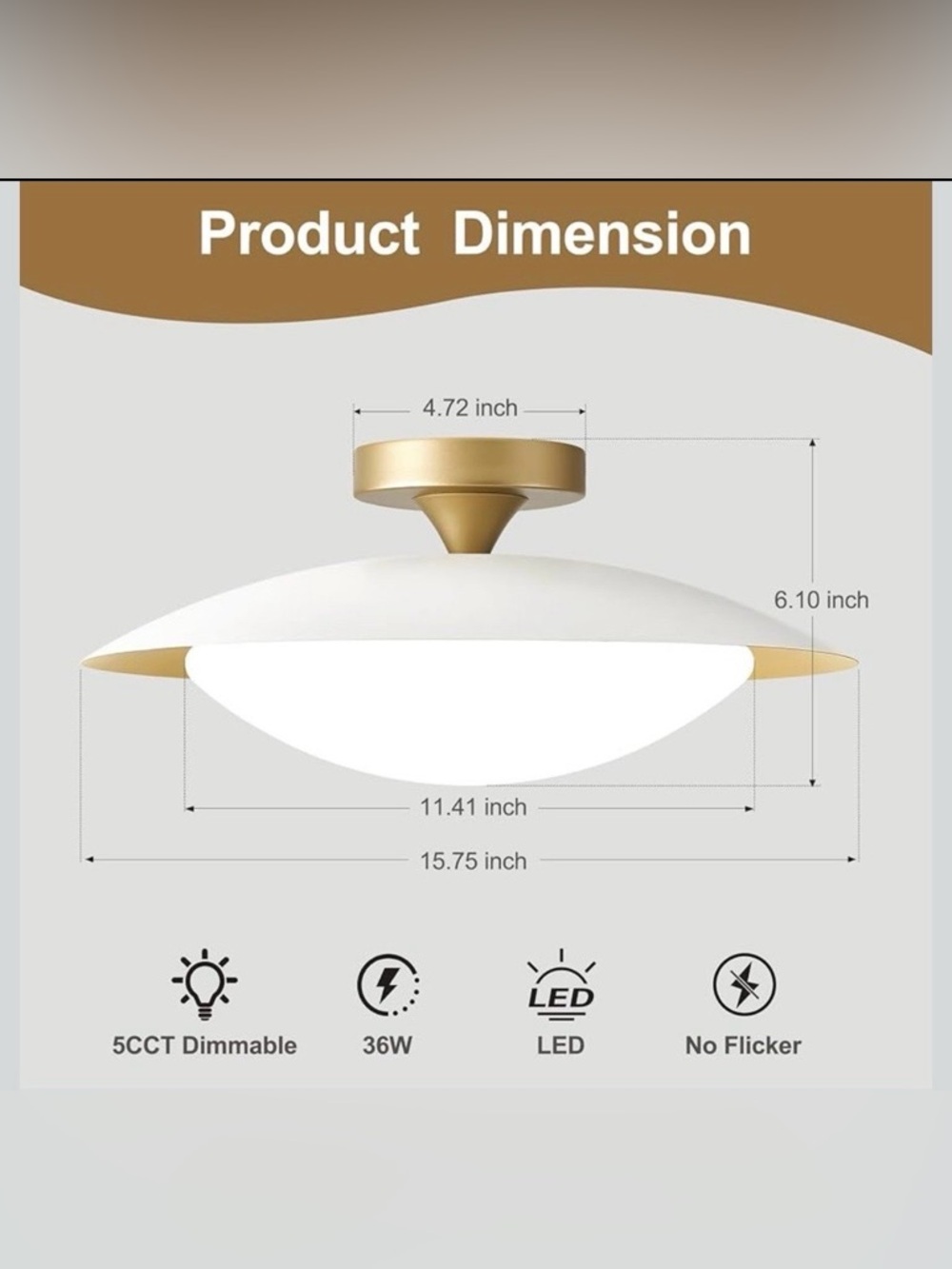 ZUYURT Small Dimmable Mid Century Modern Ceiling Light,5CCT LED White/Gold - Picture 8 of 9